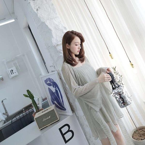 レディース 2点セット ワンピース キャミワンピ ブラウス フレアスリーブ ミニ丈 春 夏 スカート カジュアル キュート 可愛い フェミニン きれいめ 上品 エレガント おしゃれ お出かけ お呼ばれ グリーン ピンク フリーサイズ ワンサイズ 送料無料