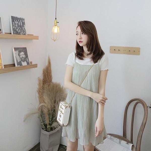 レディース 2点セット ワンピース キャミワンピ ブラウス フレアスリーブ ミニ丈 春 夏 スカート カジュアル キュート 可愛い フェミニン きれいめ 上品 エレガント おしゃれ お出かけ お呼ばれ グリーン ピンク フリーサイズ ワンサイズ 送料無料