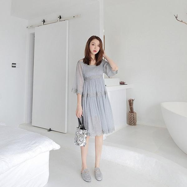 レディース ワンピース フレアスリーブ ハイウエスト 透け素材 透け感 ミディ丈 春 夏 スカート カジュアル キュート 可愛い フェミニン きれいめ 上品 エレガント おしゃれ お出かけ お呼ばれ グレー S M L サイズ 送料無料