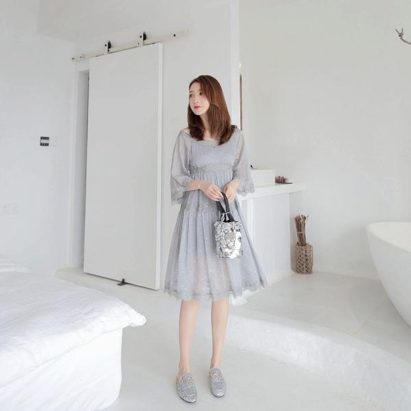レディース ワンピース フレアスリーブ ハイウエスト 透け素材 透け感 ミディ丈 春 夏 スカート カジュアル キュート 可愛い フェミニン きれいめ 上品 エレガント おしゃれ お出かけ お呼ばれ グレー S M L サイズ 送料無料