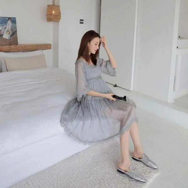レディース ワンピース フレアスリーブ ハイウエスト 透け素材 透け感 ミディ丈 春 夏 スカート カジュアル キュート 可愛い フェミニン きれいめ 上品 エレガント おしゃれ お出かけ お呼ばれ グレー S M L サイズ 送料無料