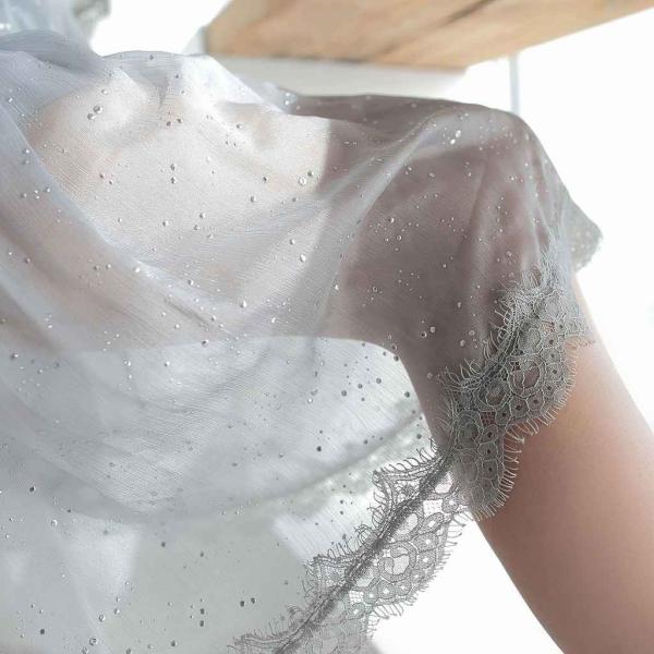 レディース ワンピース フレアスリーブ ハイウエスト 透け素材 透け感 ミディ丈 春 夏 スカート カジュアル キュート 可愛い フェミニン きれいめ 上品 エレガント おしゃれ お出かけ お呼ばれ グレー S M L サイズ 送料無料