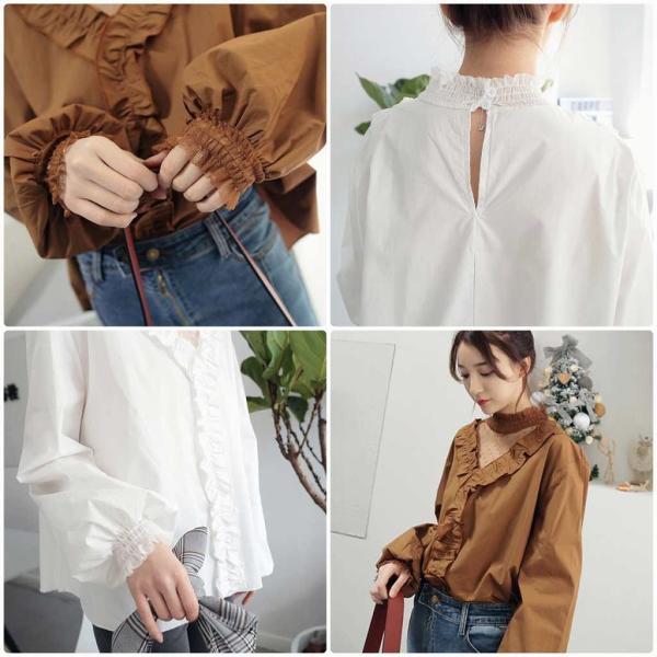 レディース Vネック ブラウス シャツ 長袖 無地 シンプル 春 夏 トップス カジュアル キュート 可愛い フェミニン きれいめ 上品 エレガント おしゃれ お出かけ オフィス デート デイリー ホワイト フリーサイズ ワンサイズ 送料無料
