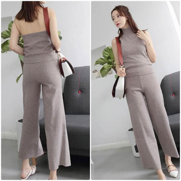 レディース 3点セット ニット カットソー 長袖 ノースリーブ ワイドレッグパンツ シンプル セットアップ カジュアル キュート 可愛い フェミニン きれいめ 上品 エレガント おしゃれ お出かけ デイリー お呼ばれ グレー フリーサイズ 送料無料
