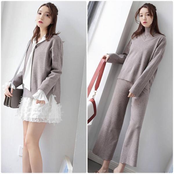 レディース 3点セット ニット カットソー 長袖 ノースリーブ ワイドレッグパンツ シンプル セットアップ カジュアル キュート 可愛い フェミニン きれいめ 上品 エレガント おしゃれ お出かけ デイリー お呼ばれ グレー フリーサイズ 送料無料