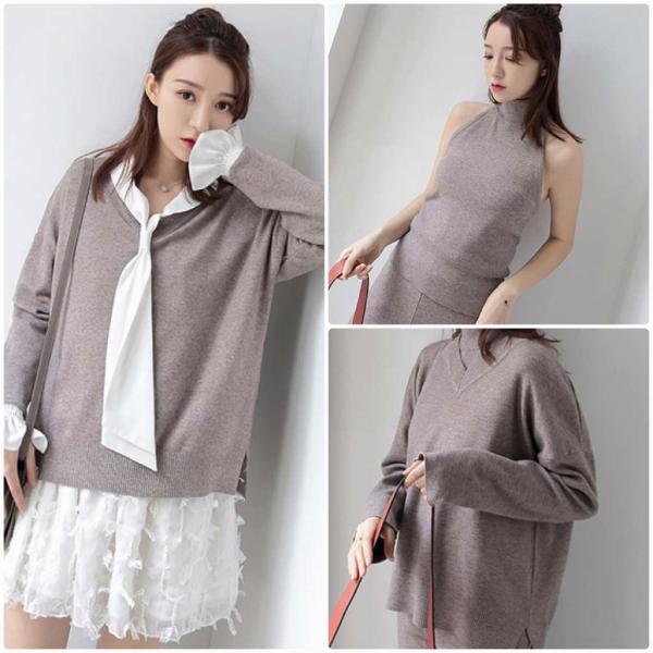 レディース 3点セット ニット カットソー 長袖 ノースリーブ ワイドレッグパンツ シンプル セットアップ カジュアル キュート 可愛い フェミニン きれいめ 上品 エレガント おしゃれ お出かけ デイリー お呼ばれ グレー フリーサイズ 送料無料