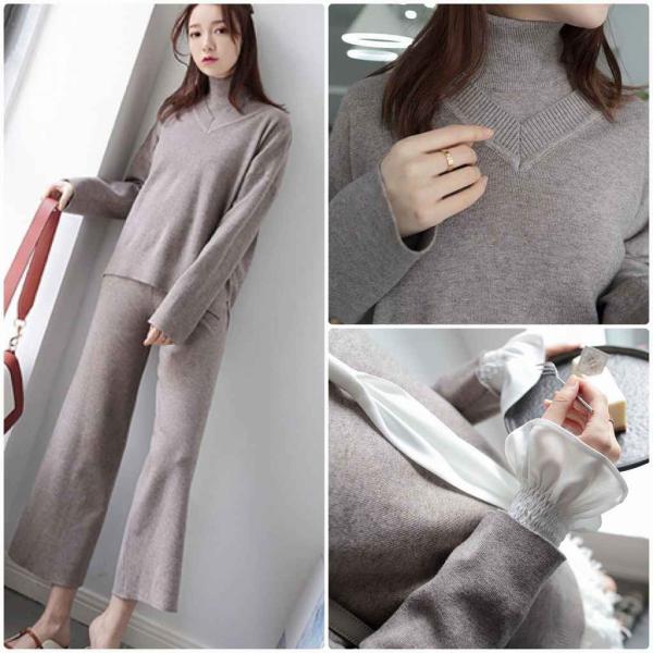 レディース 3点セット ニット カットソー 長袖 ノースリーブ ワイドレッグパンツ シンプル セットアップ カジュアル キュート 可愛い フェミニン きれいめ 上品 エレガント おしゃれ お出かけ デイリー お呼ばれ グレー フリーサイズ 送料無料