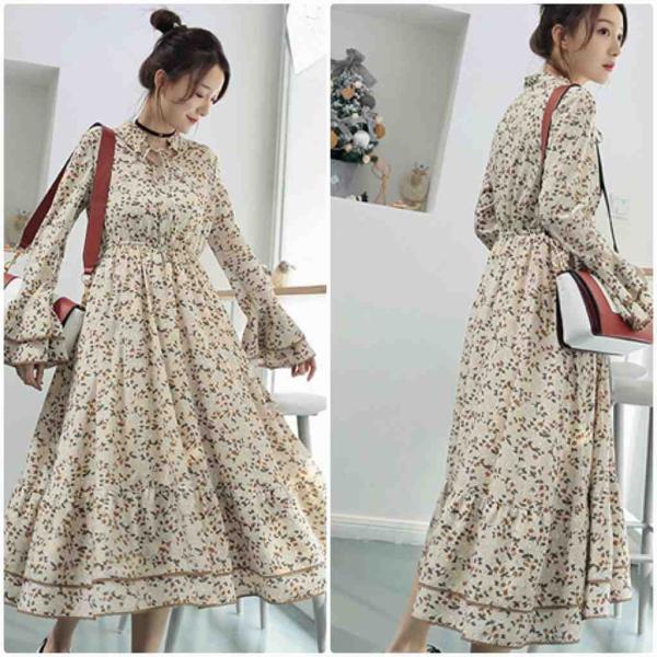 レディース ワンピース ハイウエスト フレアスリーブ 花柄 ボリュームスリーブ ミモレ丈 春 夏 スカート カジュアル キュート 可愛い フェミニン きれいめ 上品 エレガント おしゃれ お出かけ お呼ばれ ベージュ フリーサイズ 送料無料
