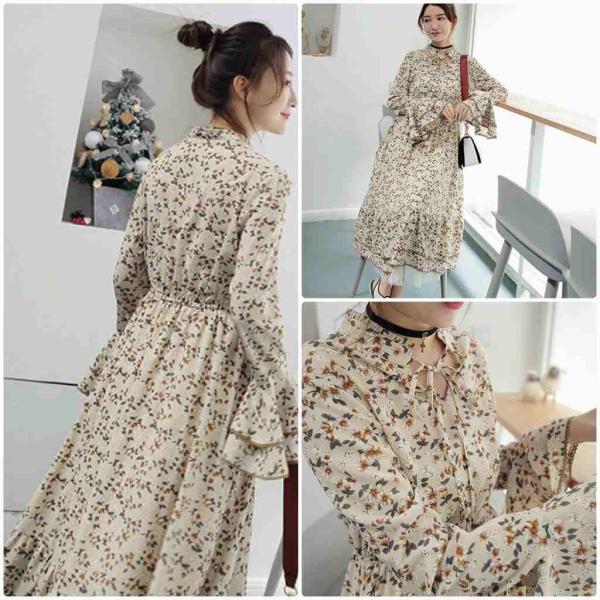 レディース ワンピース ハイウエスト フレアスリーブ 花柄 ボリュームスリーブ ミモレ丈 春 夏 スカート カジュアル キュート 可愛い フェミニン きれいめ 上品 エレガント おしゃれ お出かけ お呼ばれ ベージュ フリーサイズ 送料無料