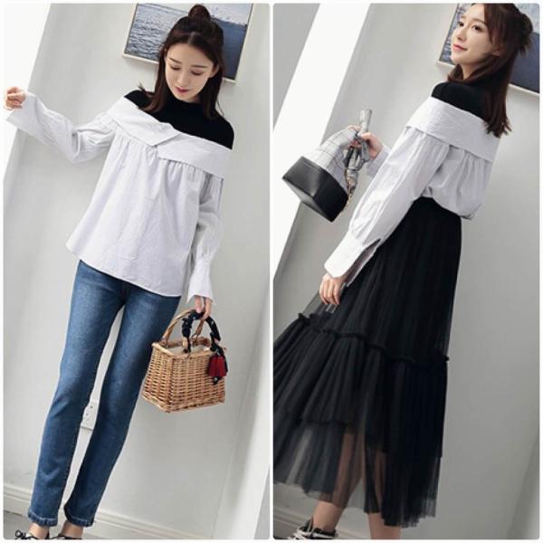 レディース ブラウス レイヤード風 シャツ 長袖 ストライプ シンプル 春 夏 トップス カジュアル キュート 可愛い フェミニン きれいめ 上品 エレガント おしゃれ お出かけ オフィス デート デイリー ホワイト フリーサイズ ワンサイズ 送料無料