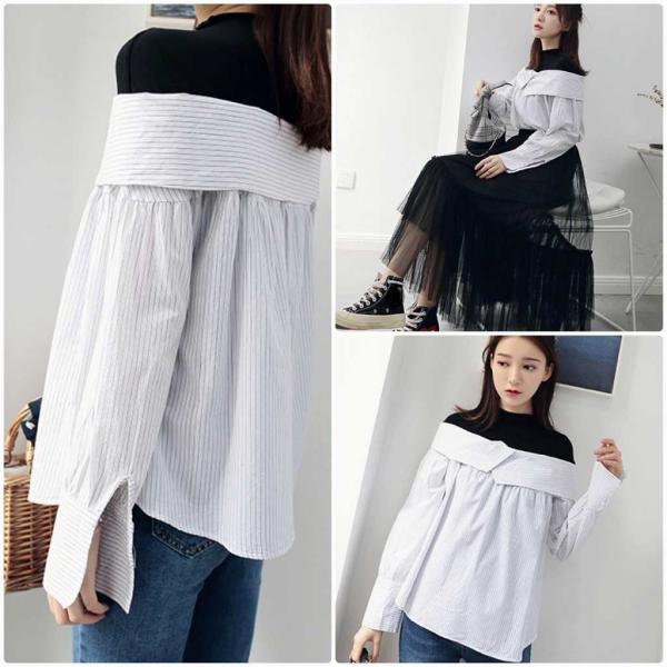 レディース ブラウス レイヤード風 シャツ 長袖 ストライプ シンプル 春 夏 トップス カジュアル キュート 可愛い フェミニン きれいめ 上品 エレガント おしゃれ お出かけ オフィス デート デイリー ホワイト フリーサイズ ワンサイズ 送料無料