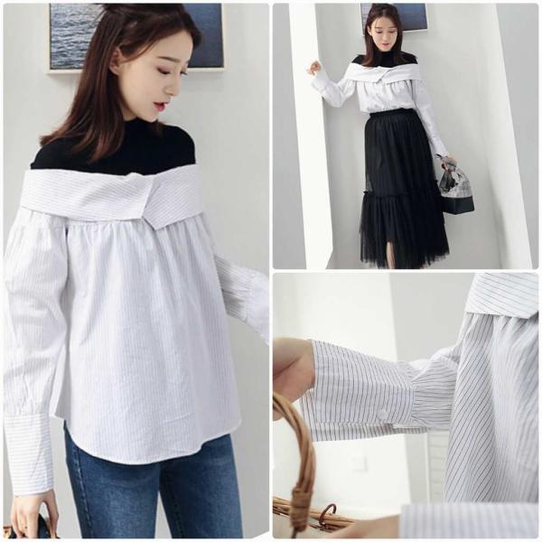 レディース ブラウス レイヤード風 シャツ 長袖 ストライプ シンプル 春 夏 トップス カジュアル キュート 可愛い フェミニン きれいめ 上品 エレガント おしゃれ お出かけ オフィス デート デイリー ホワイト フリーサイズ ワンサイズ 送料無料