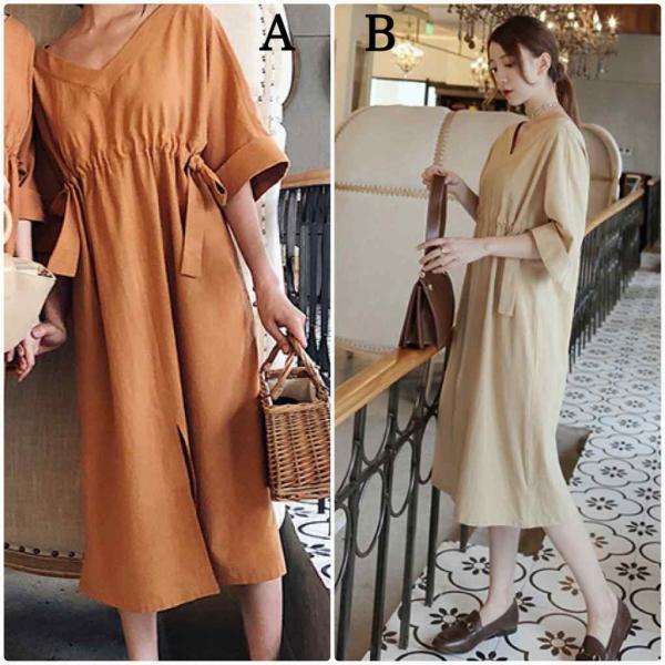 レディース Vネック ワンピース 無地 シンプル 腰紐 ミモレ丈 春 夏 スカート カジュアル キュート 可愛い フェミニン きれいめ 上品 エレガント おしゃれ お出かけ お呼ばれ オレンジ カーキ フリーサイズ ワンサイズ 送料無料