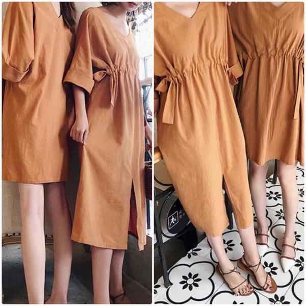 レディース Vネック ワンピース 無地 シンプル 腰紐 ミモレ丈 春 夏 スカート カジュアル キュート 可愛い フェミニン きれいめ 上品 エレガント おしゃれ お出かけ お呼ばれ オレンジ カーキ フリーサイズ ワンサイズ 送料無料