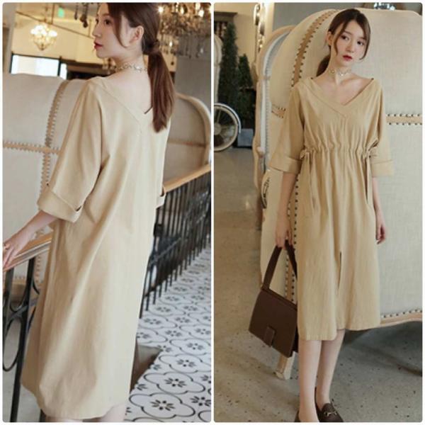 レディース Vネック ワンピース 無地 シンプル 腰紐 ミモレ丈 春 夏 スカート カジュアル キュート 可愛い フェミニン きれいめ 上品 エレガント おしゃれ お出かけ お呼ばれ オレンジ カーキ フリーサイズ ワンサイズ 送料無料