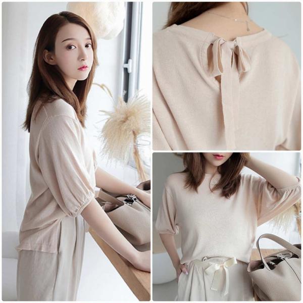 レディース カットソー 五分袖 パフスリーブ シンプル 無地 ニット セーター トップス カジュアル キュート 大人 可愛い フェミニン おしゃれ お出かけ オフィス デイリー 普段着 イエロー ピンク フリーサイズ ワンサイズ 送料無料