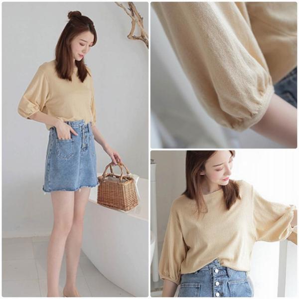レディース カットソー 五分袖 パフスリーブ シンプル 無地 ニット セーター トップス カジュアル キュート 大人 可愛い フェミニン おしゃれ お出かけ オフィス デイリー 普段着 イエロー ピンク フリーサイズ ワンサイズ 送料無料