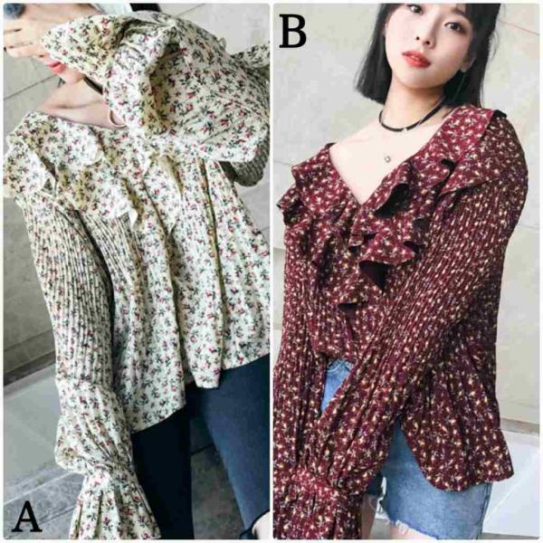 レディース Vネック シフォン ブラウス シャツ 長袖 花柄 ボタニカル柄 春 夏 トップス カジュアル キュート 可愛い フェミニン きれいめ 上品 エレガント おしゃれ お出かけ オフィス デート デイリー レッド ベージュ フリーサイズ 送料無料