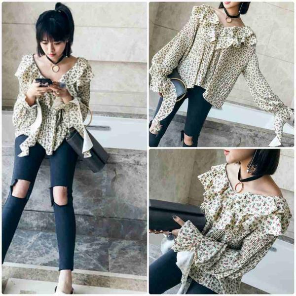 レディース Vネック シフォン ブラウス シャツ 長袖 花柄 ボタニカル柄 春 夏 トップス カジュアル キュート 可愛い フェミニン きれいめ 上品 エレガント おしゃれ お出かけ オフィス デート デイリー レッド ベージュ フリーサイズ 送料無料