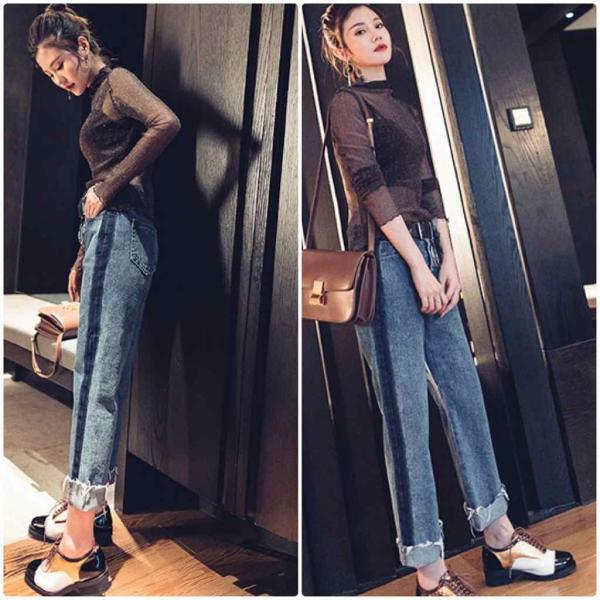 レディース カフスジーンズ デニムパンツ カットオフデニム ジーパン ジーンズ ボトムス カジュアル キュート 可愛い フェミニン きれいめ おしゃれ お出かけ デイリー 普段着 ネイビー S M L XL サイズ 送料無料