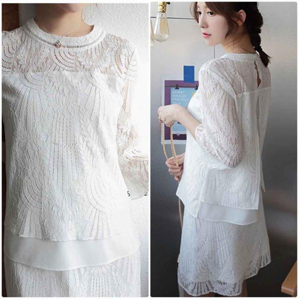 レディース ブラウス スカート ミニ丈 総レース セットアップ 上下別売り 七分袖 カジュアル キュート 可愛い フェミニン きれいめ 上品 エレガント おしゃれ お出かけ デイリー お呼ばれ ホワイト S M L サイズ 送料無料