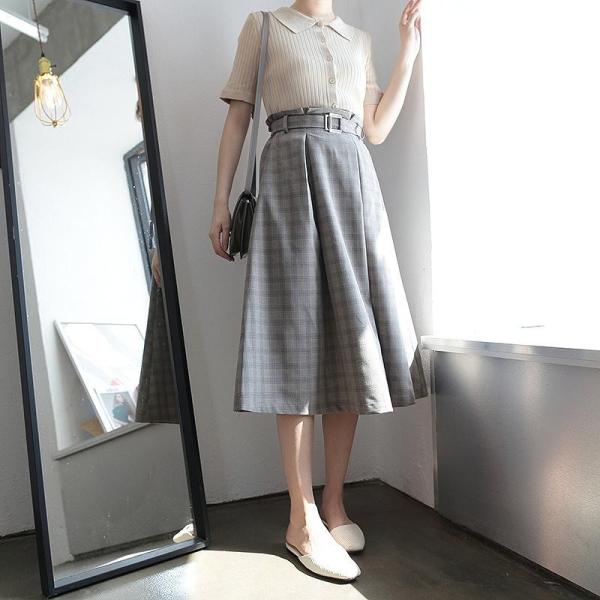 レディース　ボトムス　スカート　フレア　チェック　ミモレ丈　夏　カジュアル　大人可愛い　エレガント　フェミニン　オフィス　お出かけ　デート　デイリー　グレー　フリーサイズ　送料無料