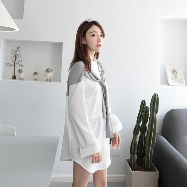 レディース　トップス　シフォン　シャツ　ブラウス　長袖　フェイクスカーフ　ゆったり　無地　カジュアル　大人可愛い　フェミニン　オフィス　お出かけ　デート　デイリー　ホワイト　S　M　送料無料