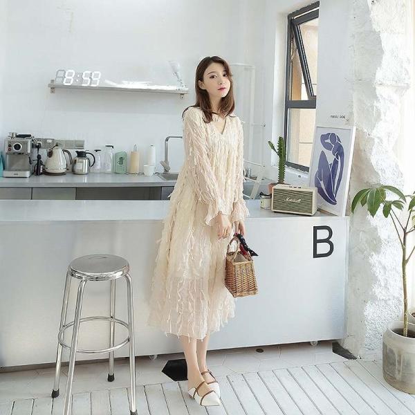 レディース　シフォン　ワンピース　ロング　Vネック　長袖　フレア　無地　カジュアル　大人可愛い　フェミニン　オフィス　お出かけ　デート　デイリー　アプリコット　フリーサイズ　送料無料