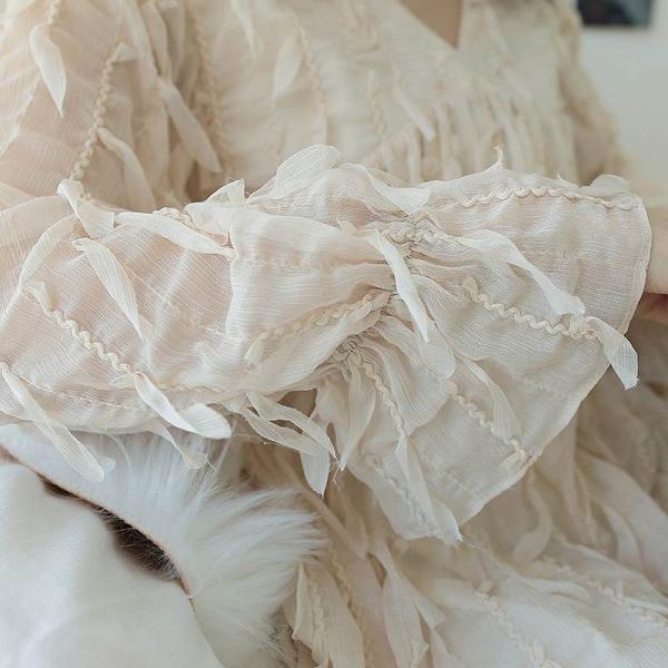 レディース　シフォン　ワンピース　ロング　Vネック　長袖　フレア　無地　カジュアル　大人可愛い　フェミニン　オフィス　お出かけ　デート　デイリー　アプリコット　フリーサイズ　送料無料