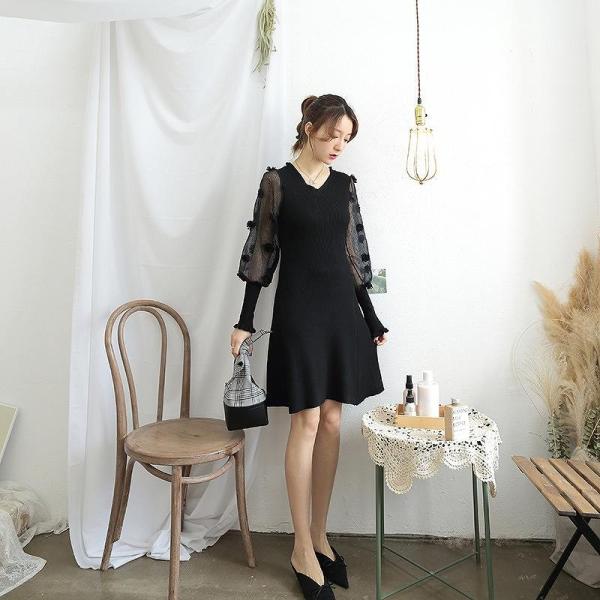 レディース　シフォン　ワンピース　ミモレ丈　バルーン袖　Vネック　長袖　プリーツ　花柄　カジュアル　大人可愛い　フェミニン　オフィス　お出かけ　デート　デイリー　ホワイト　ピンク　フリーサイズ　送料無料