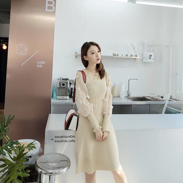 レディース　シフォン　ワンピース　ミモレ丈　バルーン袖　Vネック　長袖　プリーツ　花柄　カジュアル　大人可愛い　フェミニン　オフィス　お出かけ　デート　デイリー　ホワイト　ピンク　フリーサイズ　送料無料