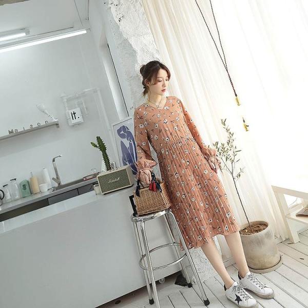 レディース　シフォン　切替　ワンピース　ミディ丈　バルーン袖　Vネック　長袖　フレア　無地　カジュアル　大人可愛い　フェミニン　オフィス　お出かけ　デート　デイリー　ブラック　ベージュ　フリーサイズ　送料無料