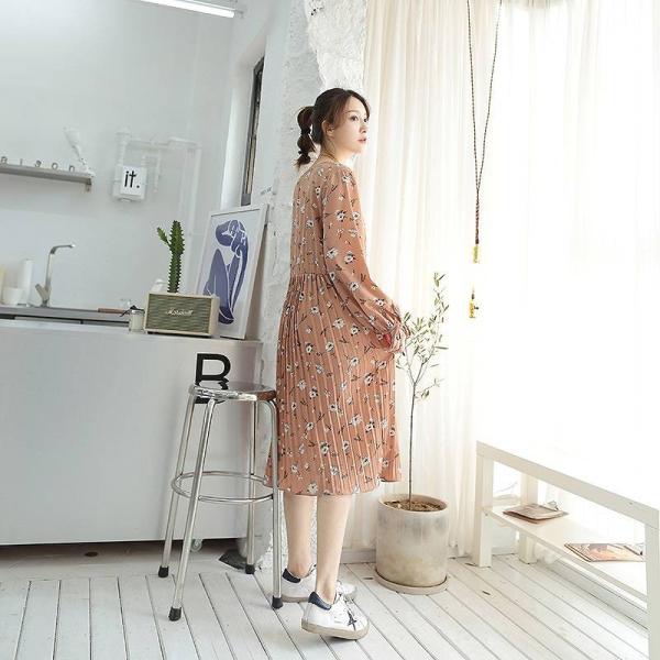 レディース　シフォン　切替　ワンピース　ミディ丈　バルーン袖　Vネック　長袖　フレア　無地　カジュアル　大人可愛い　フェミニン　オフィス　お出かけ　デート　デイリー　ブラック　ベージュ　フリーサイズ　送料無料