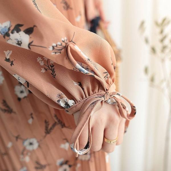 レディース　シフォン　切替　ワンピース　ミディ丈　バルーン袖　Vネック　長袖　フレア　無地　カジュアル　大人可愛い　フェミニン　オフィス　お出かけ　デート　デイリー　ブラック　ベージュ　フリーサイズ　送料無料