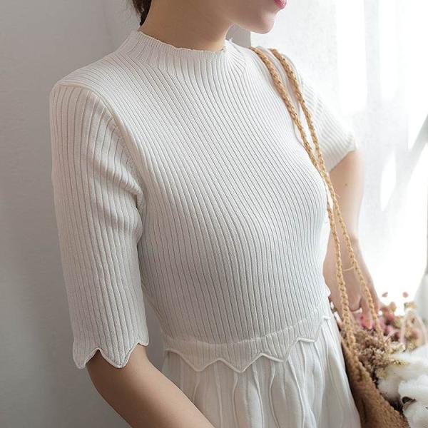 レディース　ニット　切替　ワンピース　ミモレ丈　ラウンドネック　半袖　Aライン　無地　エレガント　カジュアル　大人可愛い　フェミニン　オフィス　お出かけ　デート　パーティ　ブラック　レッド　ホワイト　フリーサイズ　送料無料