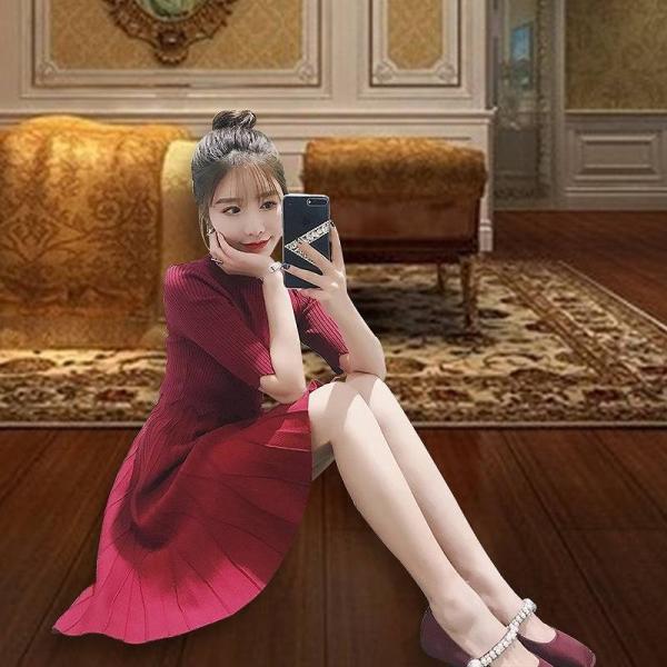 レディース　ニット　切替　ワンピース　ミモレ丈　ラウンドネック　半袖　Aライン　無地　エレガント　カジュアル　大人可愛い　フェミニン　オフィス　お出かけ　デート　パーティ　ブラック　レッド　ホワイト　フリーサイズ　送料無料