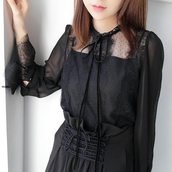 レディース　トップス　シフォン　カットソー　長袖　レース　アンブレラスリーブ　無地　カジュアル　大人可愛い　フェミニン　オフィス　お出かけ　デート　デイリー　ブラック　ベージュ　S　M　L　送料無料