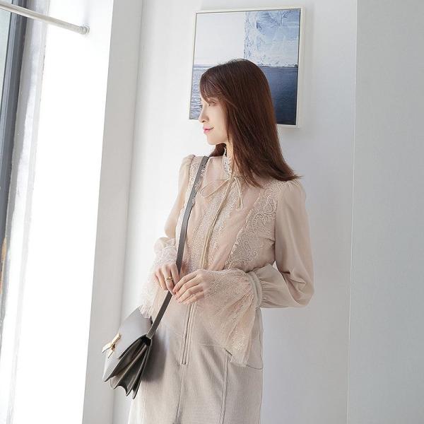 レディース　トップス　シフォン　カットソー　長袖　レース　アンブレラスリーブ　無地　カジュアル　大人可愛い　フェミニン　オフィス　お出かけ　デート　デイリー　ブラック　ベージュ　S　M　L　送料無料