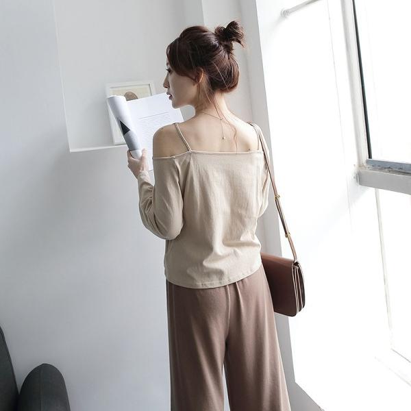 レディース　トップス　カットソー　オフショルダー　ベルスリーブ　無地　長袖　カジュアル　大人可愛い　おしゃれ　フェミニン　オフィス　お出かけ　デート　デイリー　ベージュ　フリーサイズ　送料無料