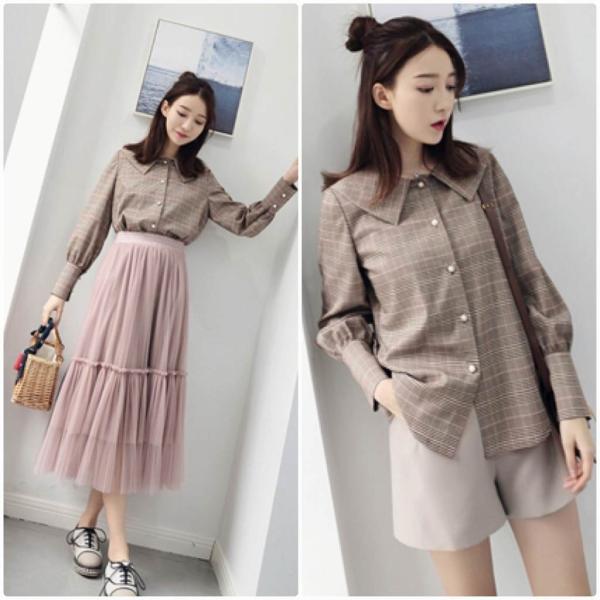 レディース　チェック柄　ブラウス　シャツ　長袖　春　夏　トップス　カジュアル　キュート　可愛い　フェミニン　きれいめ　上品　エレガント　おしゃれ　お出かけ　オフィス　デート　デイリー　ブラウン　フリーサイズ　ワンサイズ　送料無料