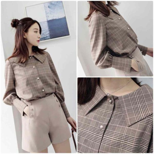 レディース　チェック柄　ブラウス　シャツ　長袖　春　夏　トップス　カジュアル　キュート　可愛い　フェミニン　きれいめ　上品　エレガント　おしゃれ　お出かけ　オフィス　デート　デイリー　ブラウン　フリーサイズ　ワンサイズ　送料無料