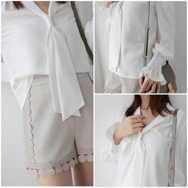 レディース　ブラウス　シャツ　長袖　ボリュームスリーブ　トップス　カジュアル　キュート　可愛い　フェミニン　きれいめ　上品　エレガント　おしゃれ　お出かけ　オフィス　デート　デイリー　ホワイト　S　M　L　サイズ　送料無料