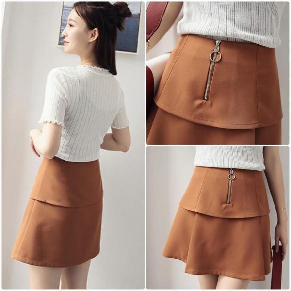 レディース　ぺプラムスカート　ハイウエスト　ミニ丈　無地　シンプル　ジッパー　ボトムス　カジュアル　キュート　大人　可愛い　フェミニン　きれいめ　おしゃれ　お出かけ　デイリー　二次会　お呼ばれ　キャラメル　S　M　L　サイズ　送料無料