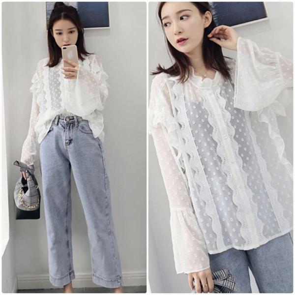 レディース　シフォン　ブラウス　シャツ　スカラップ　長袖　フレアスリーブ　透け感　透け素材　トップス　カジュアル　キュート　可愛い　フェミニン　きれいめ　上品　エレガント　おしゃれ　お出かけ　オフィス　デート　デイリー　ホワイト　フリーサイズ　送料無料