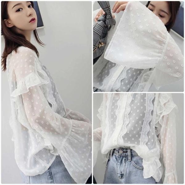 レディース　シフォン　ブラウス　シャツ　スカラップ　長袖　フレアスリーブ　透け感　透け素材　トップス　カジュアル　キュート　可愛い　フェミニン　きれいめ　上品　エレガント　おしゃれ　お出かけ　オフィス　デート　デイリー　ホワイト　フリーサイズ　送料無料