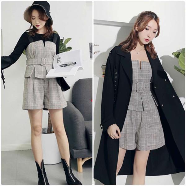 レディース　チューブトップ　ショートパンツ　チェック柄　ベルト　短パン　ボトムス　トップス　カジュアル　キュート　大人　可愛い　フェミニン　おしゃれ　お出かけ　普段着　デイリー　セクシー　S　M　L　サイズ　送料無料