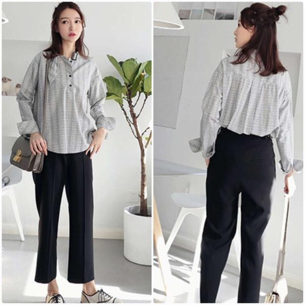 レディース　ブラウス　シャツ　長袖　チェック柄　スリム　首元リボン　トップス　カジュアル　キュート　可愛い　フェミニン　きれいめ　上品　エレガント　おしゃれ　お出かけ　オフィス　デート　デイリー　S　M　サイズ　送料無料