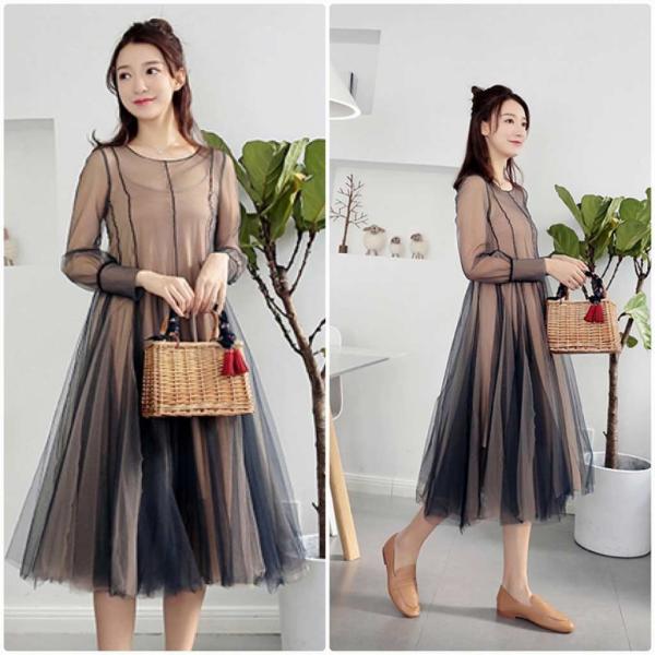 レディース　ワンピース　透け素材　透け感　ミディ丈　長袖　チュールスカート　カジュアル　キュート　可愛い　フェミニン　きれいめ　上品　エレガント　おしゃれ　お出かけ　お呼ばれ　ネイビー　S　M　L　サイズ　送料無料