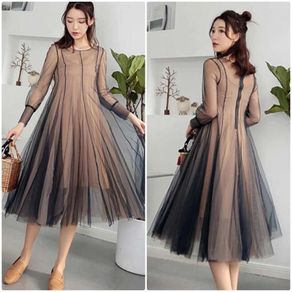 レディース　ワンピース　透け素材　透け感　ミディ丈　長袖　チュールスカート　カジュアル　キュート　可愛い　フェミニン　きれいめ　上品　エレガント　おしゃれ　お出かけ　お呼ばれ　ネイビー　S　M　L　サイズ　送料無料