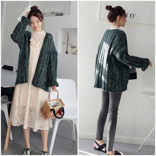 レディース　カーディガン　ニット　セーター　Vネック　羽織　長袖　無地　シンプル　トップス　カジュアル　キュート　大人　可愛い　フェミニン　おしゃれ　お出かけ　オフィス　デイリー　普段着　グリーン　ベージュ　フリーサイズ　ワンサイズ　送料無料